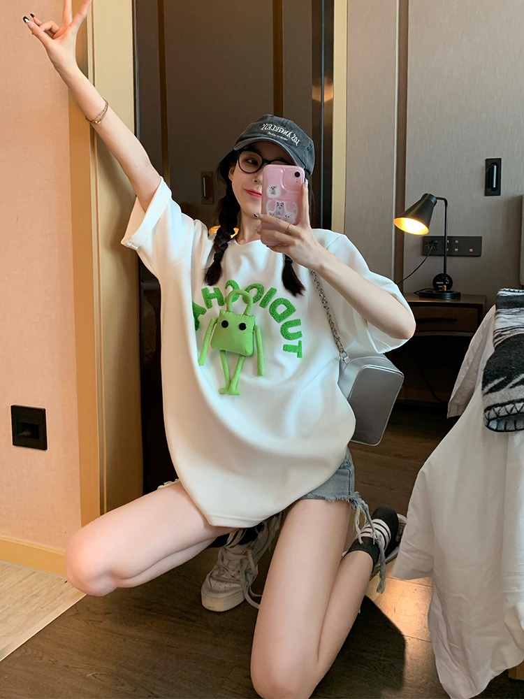 韓國ins白色短袖t恤女夏季寬鬆純棉小眾甜辣立體公仔毛巾繡上衣