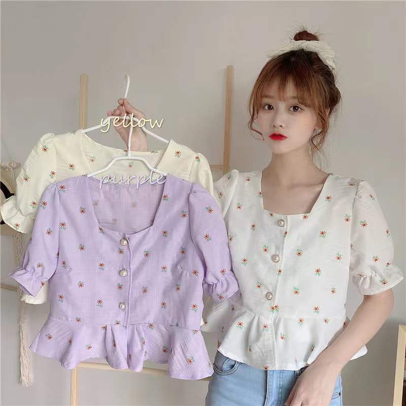 French puff sleeve shirt for women summer 2024 new design student square collar ins short purple floral top