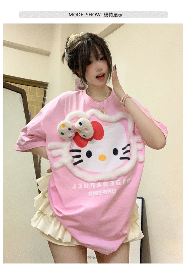 TUDOU土豆貓原創甜妹hellokittypu短袖T恤女寬鬆設計感情侶上衣潮