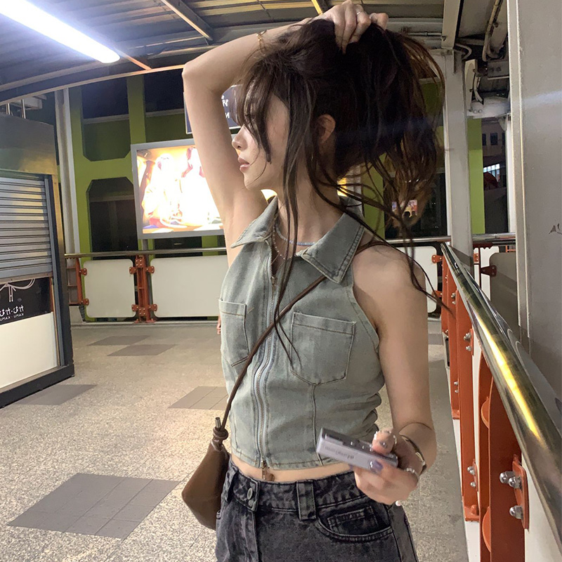 2024夏季新款辣妹復古小眾掛脖雙拉鏈露背短款無袖牛仔背心女