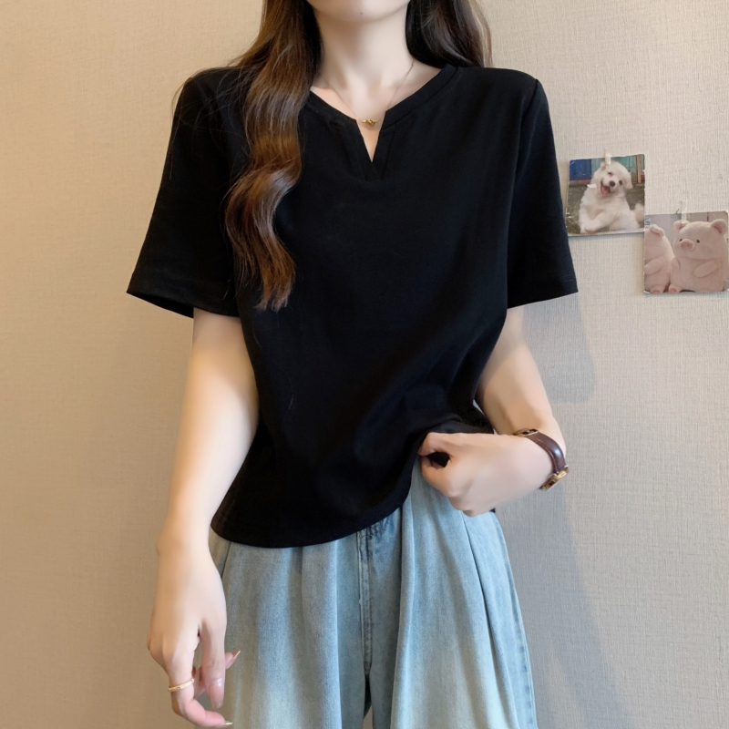 實拍  21支純棉 2024夏裝短款小v領短袖T恤女