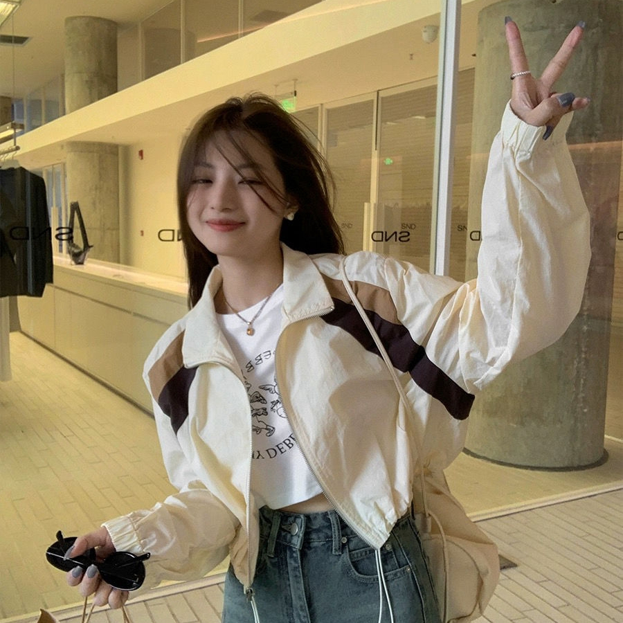 甜酷衝鋒衣春秋美式撞色半高領抽繩女小個子顯高長袖百搭短外套女