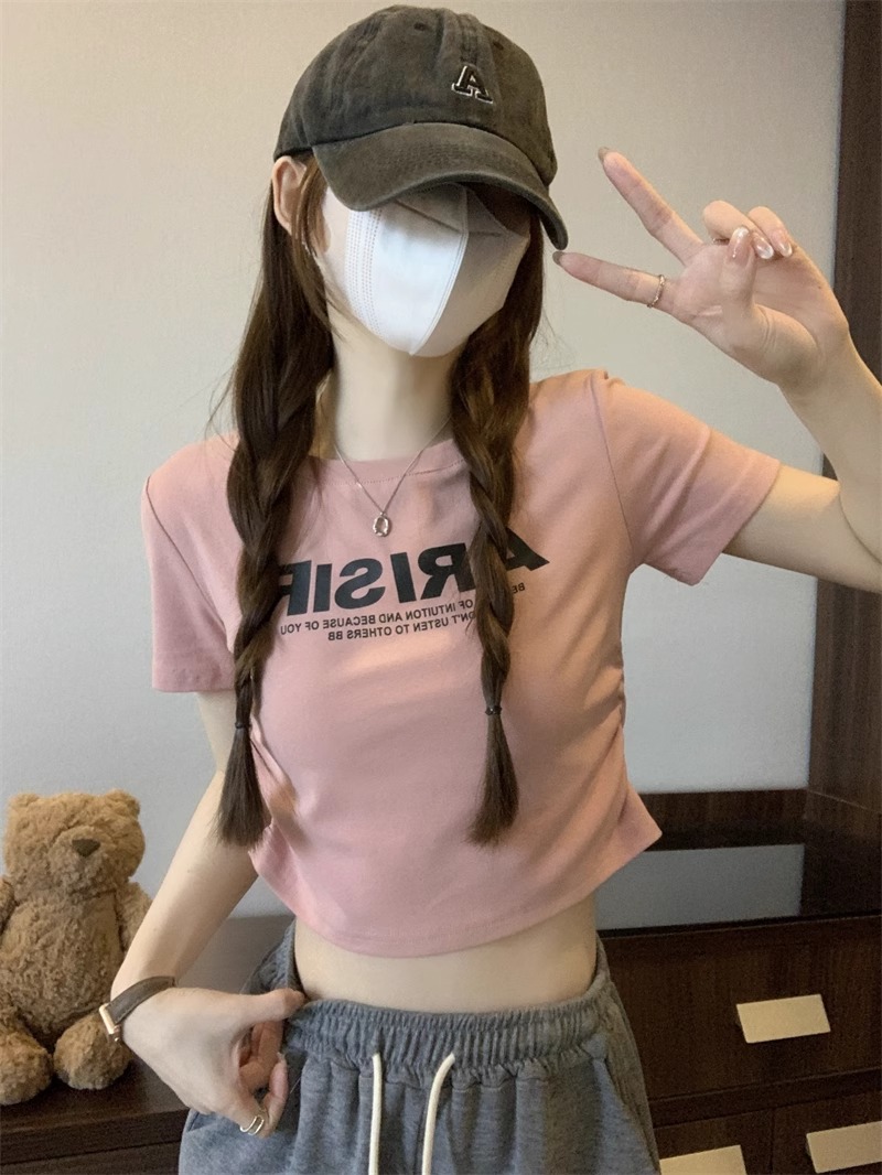 後包領220克40支奧代爾92棉8氨綸 短袖T恤女高腰褶皺