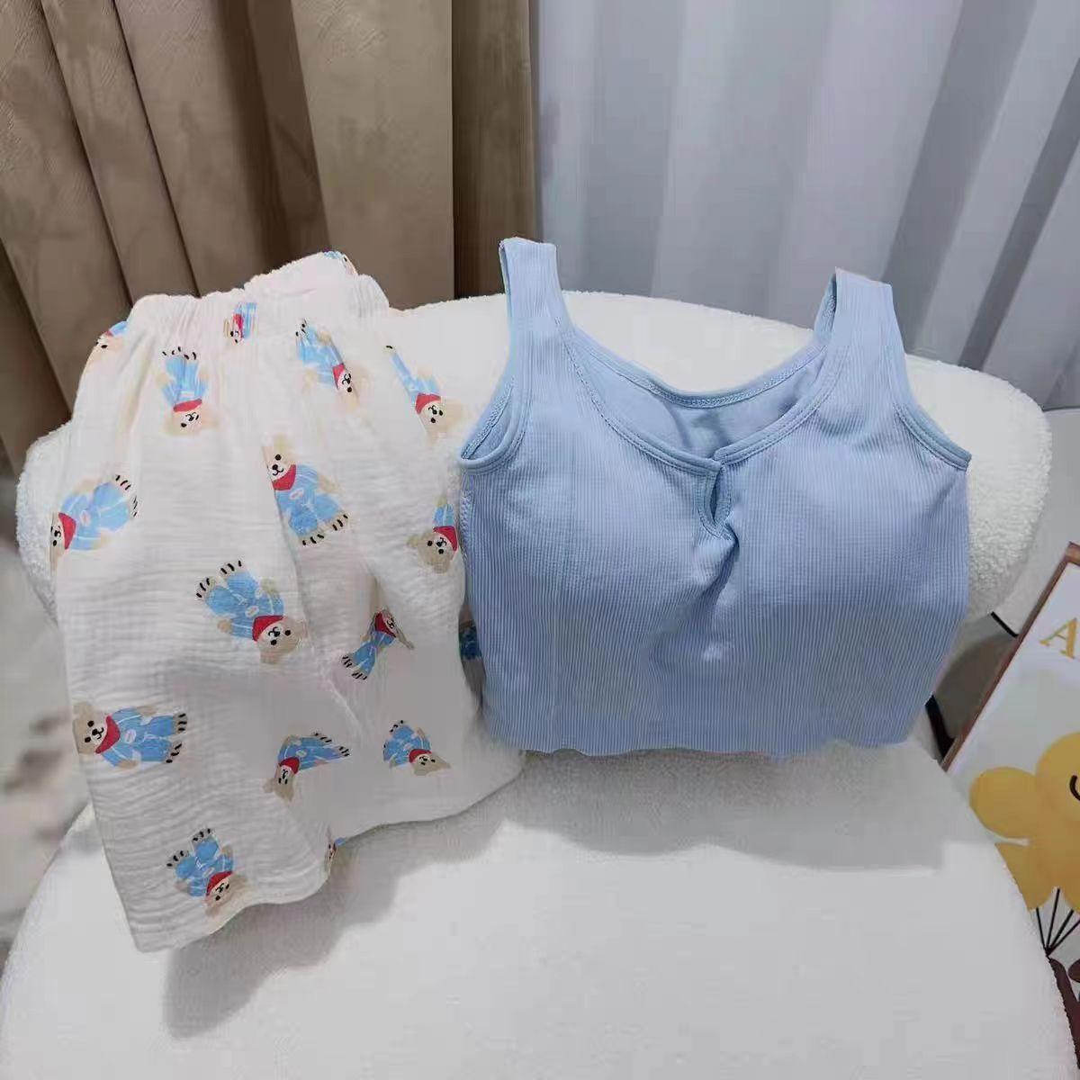 卡通小熊印花帶胸墊吊帶睡衣女夏天新款純棉紗短褲家居服套裝