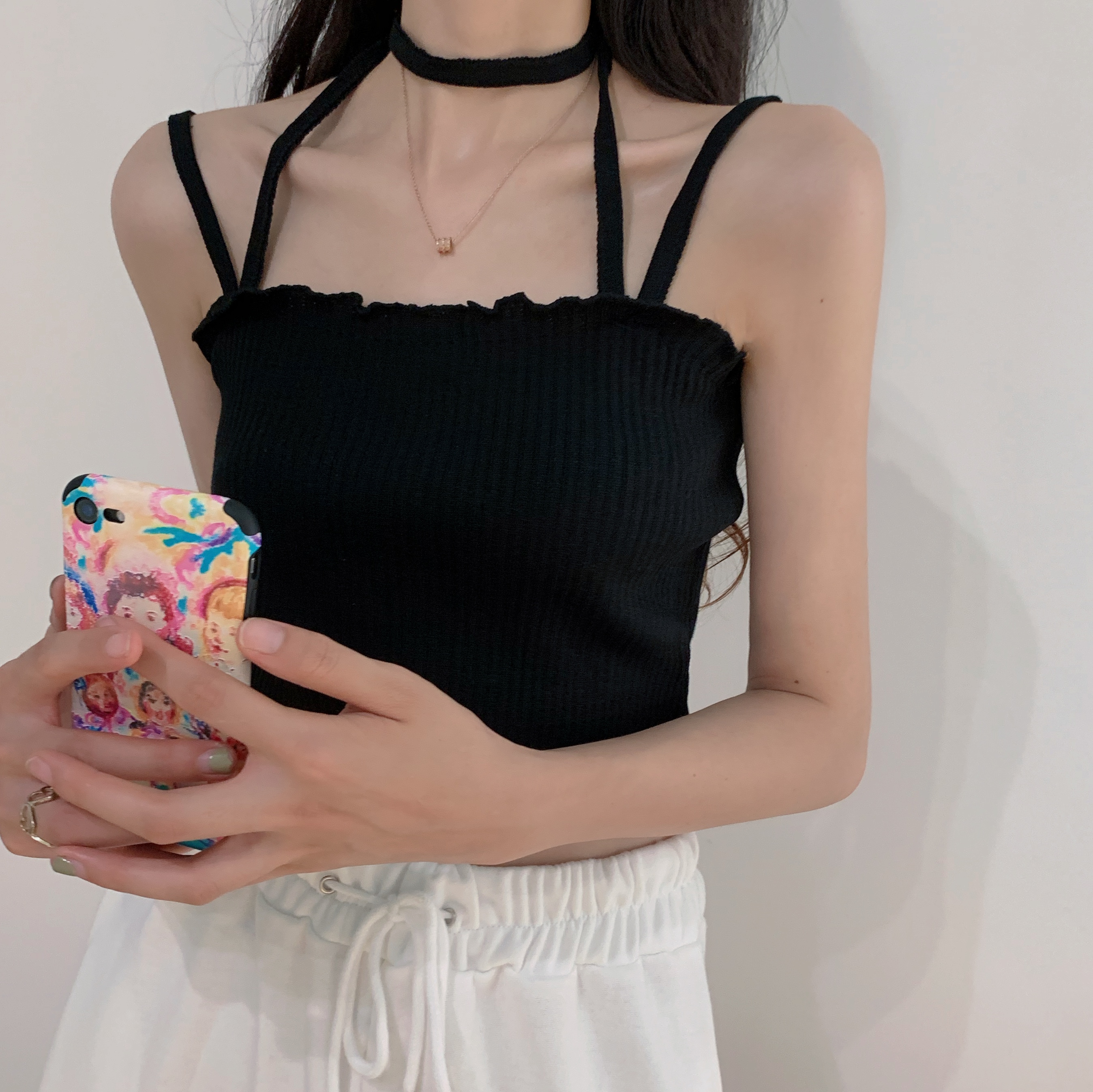 黑色別致小吊帶上衣辣妹設計感小眾外穿甜辣掛脖背心女夏短款內搭