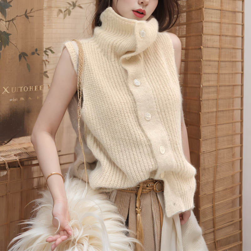 Gentle style sleeveless high collar single breasted knitted vest for women autumn fit slimming solid color vest fashionable top