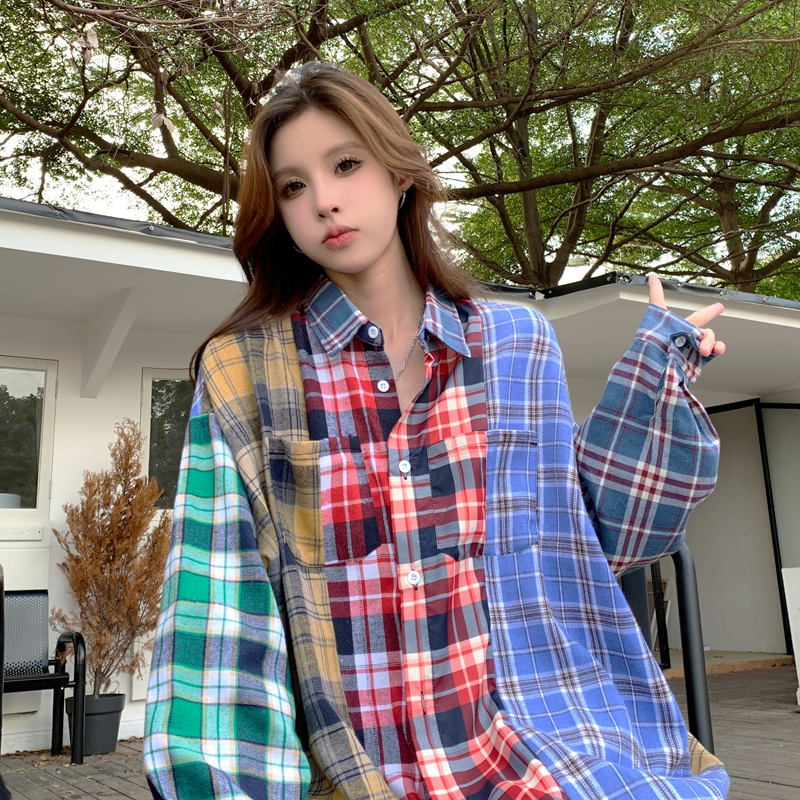 實拍 港式復古格紋拼接襯衫女早秋新款重工百搭疊穿長袖上衣外套