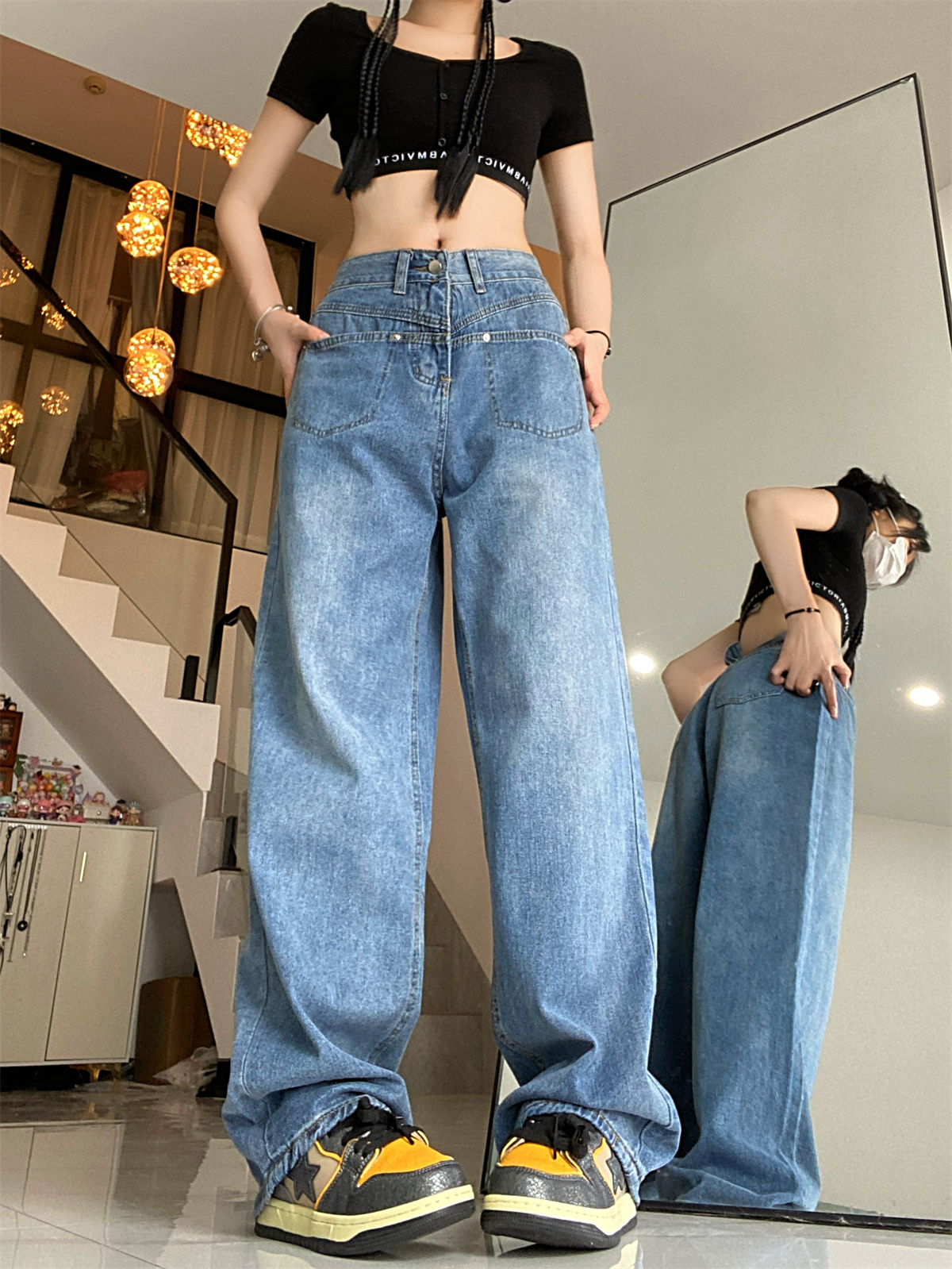 實拍！！！秋季小眾直筒ins寬鬆垂感闊腿拖牛仔地褲子女