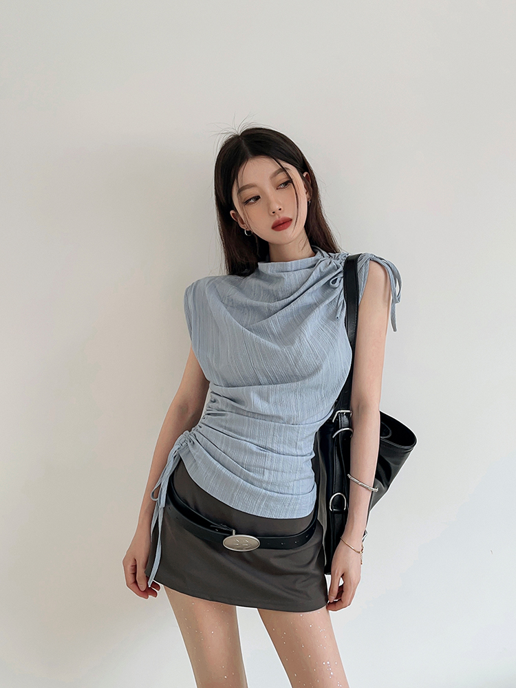 實拍法式無袖藍色條紋抽繩襯衫女夏季時髦低腰半身裙套裝
