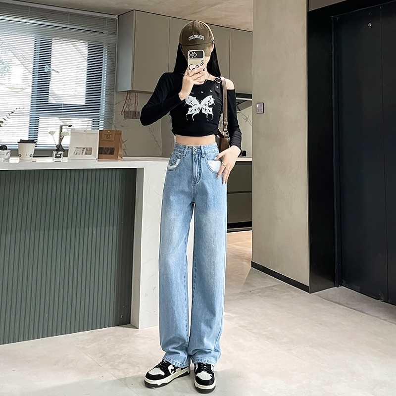 實拍2024春夏時尚潮流高腰闊腿寬鬆直筒復古牛仔褲女