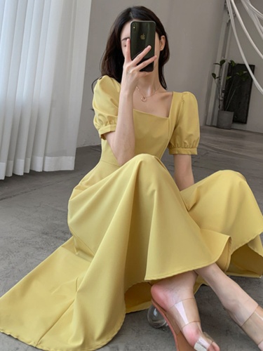 Korean puff sleeve solid color square collar slim and fashionable fresh chiffon short-sleeved mid-length dress summer new style