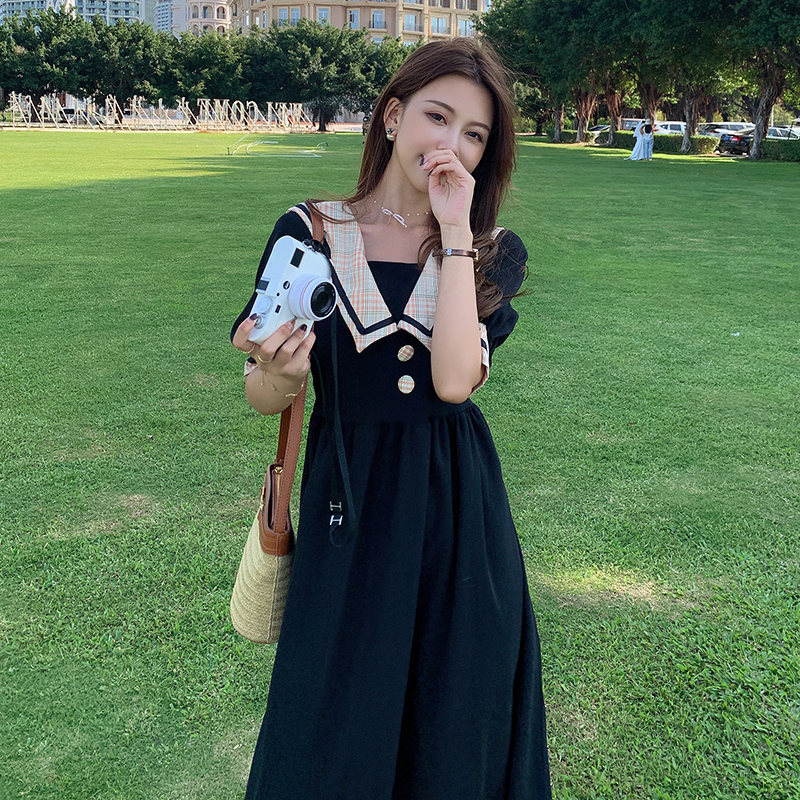 實拍~2024夏季黑色連衣裙女溫柔風長裙胖mm收腰顯瘦氣質短袖裙子
