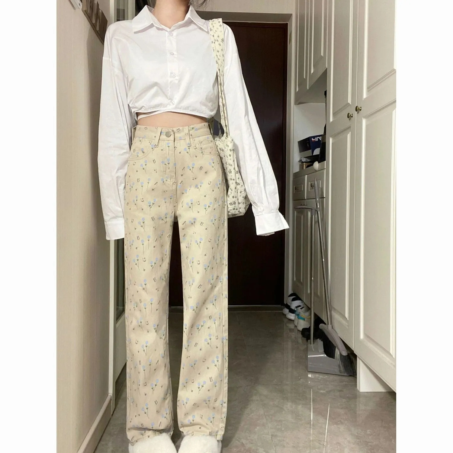 大碼復古碎花直筒牛仔褲女夏季年新款高腰休閒寬鬆闊腿褲子潮