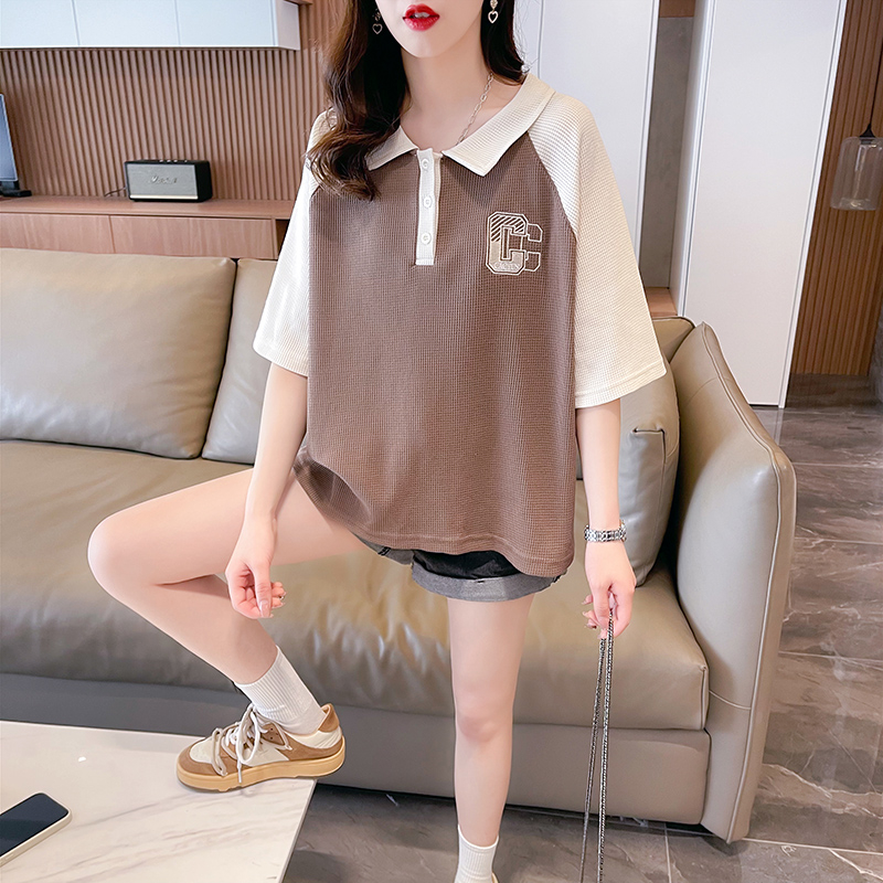 實拍2024夏季韓版寬鬆華夫格POLO領短袖上衣T恤女