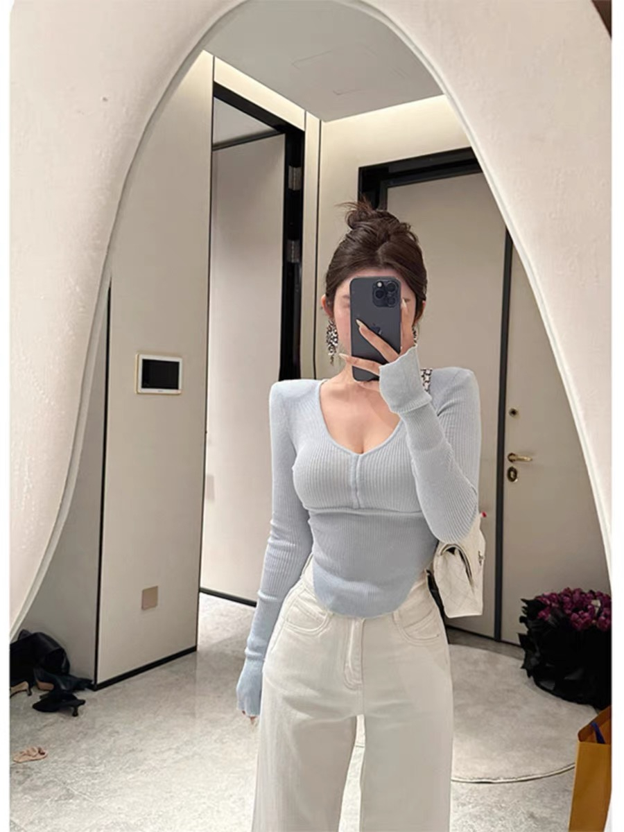 不規則收腰v領T恤女2024春秋季純欲辣妹緊身長袖打底衫上衣純色