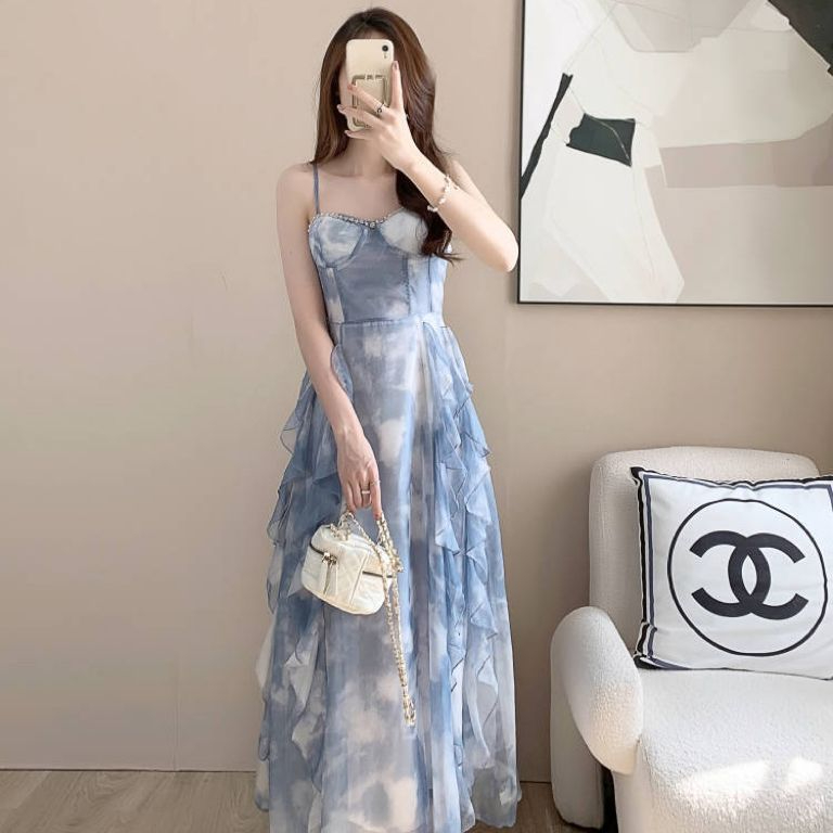 法式設計感小眾吊帶連衣裙女海邊度假沙灘長裙日落仙女裙荷葉邊裙