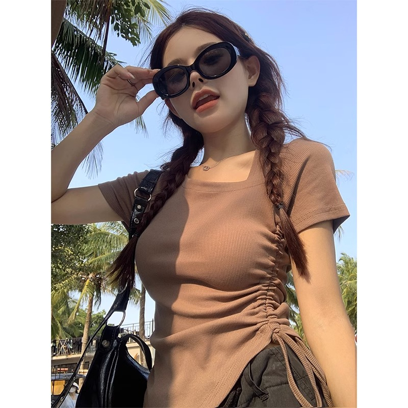 純棉韓系簡約慵懶風不規則設計感小眾抽繩短袖顯瘦T恤上衣女