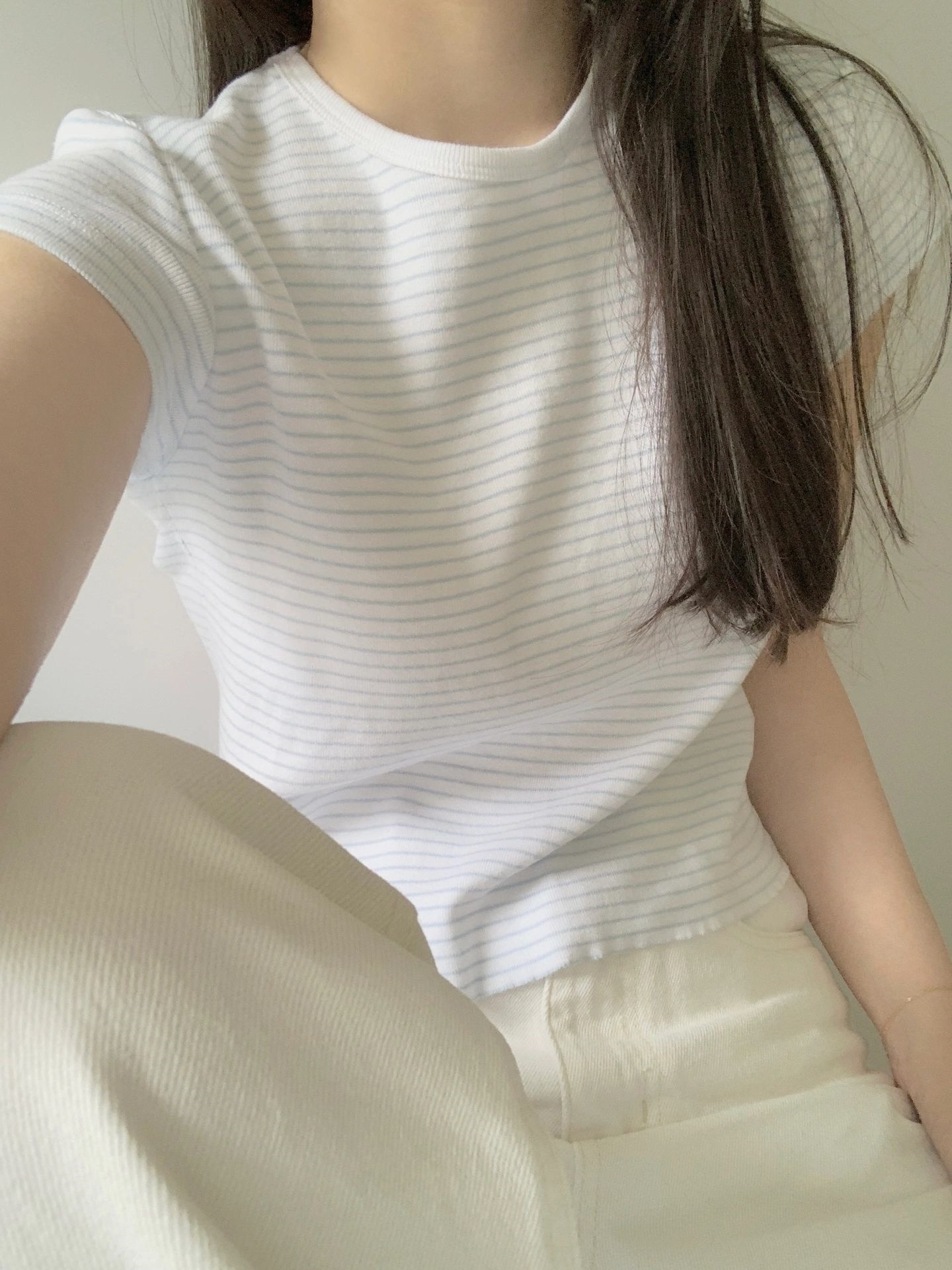 小眾條紋正肩短袖t恤女夏季小衫修身顯瘦純欲辣妹短款上衣