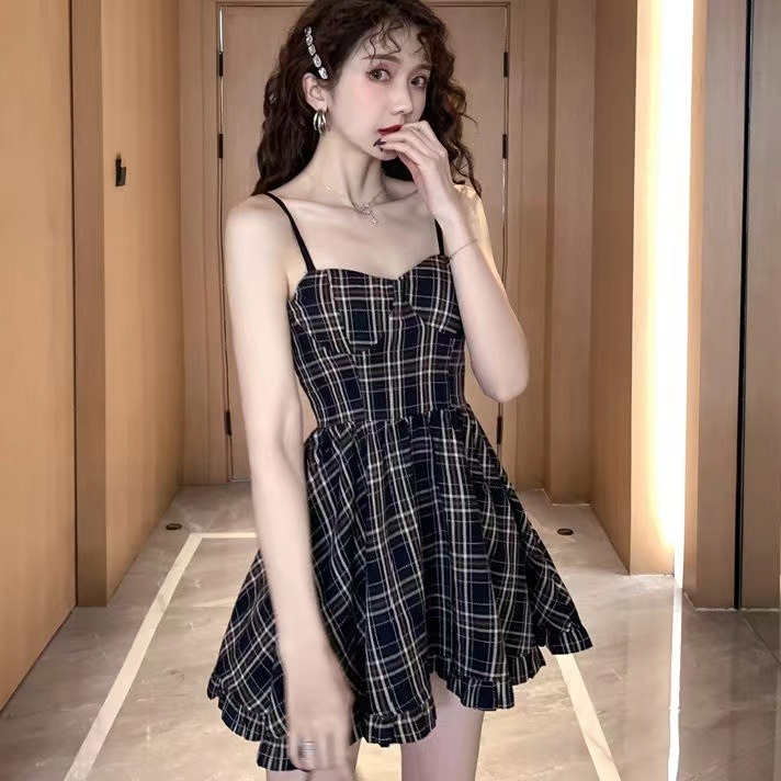 時尚超火韓版法式度假風格紋吊帶蓬蓬裙純欲風小個子溫柔連衣裙