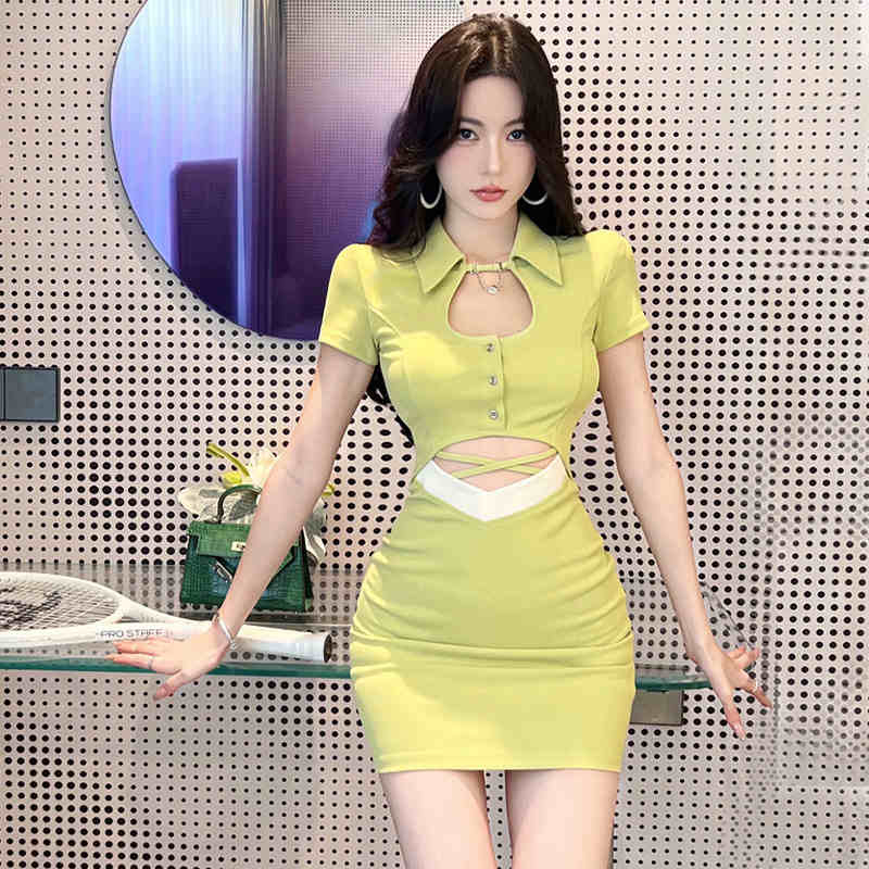 Hot girl hollow polo collar knitted dress female summer design niche pure desire tight waist and hip skirt