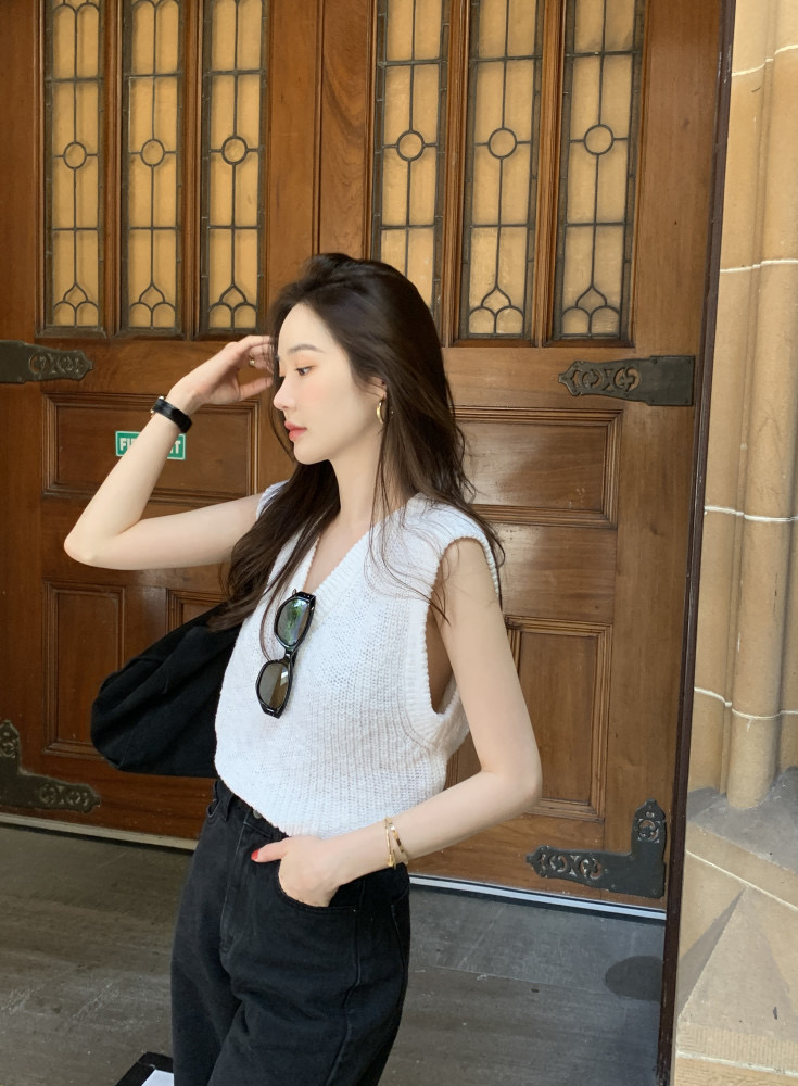 韓國chic春夏新款簡約V領無袖背心針織衫