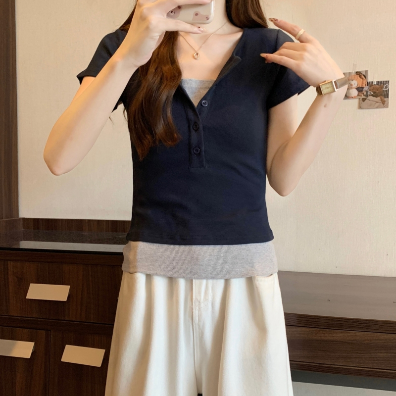 實拍 40支純棉 2024夏裝撞色拼接假兩件短袖美式上衣夏季休閒大碼