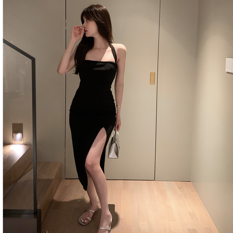 一字肩掛脖法式吊帶連衣裙女裝夏季包臀開叉中長裙高級感氣質裙子