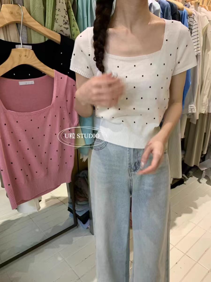 U粒韓系甜美減齡波點短袖毛針織衫女氣質顯瘦百搭氛圍感短款上衣