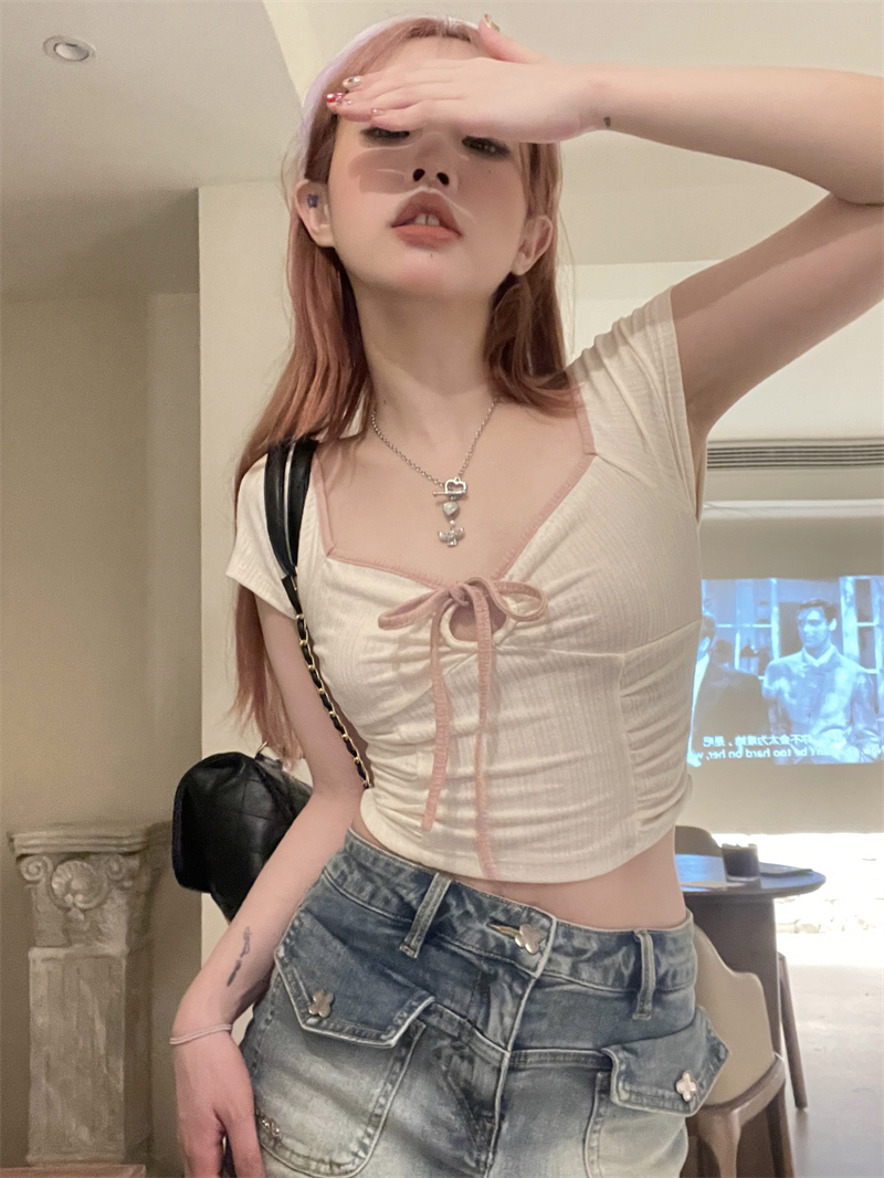 實拍~辣妹純欲短款修身系帶T恤女