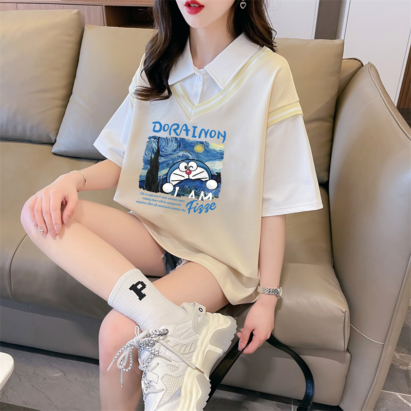 首發實拍斜紋拉架假兩件短袖T恤女夏新款寬鬆上衣潮牌質量
