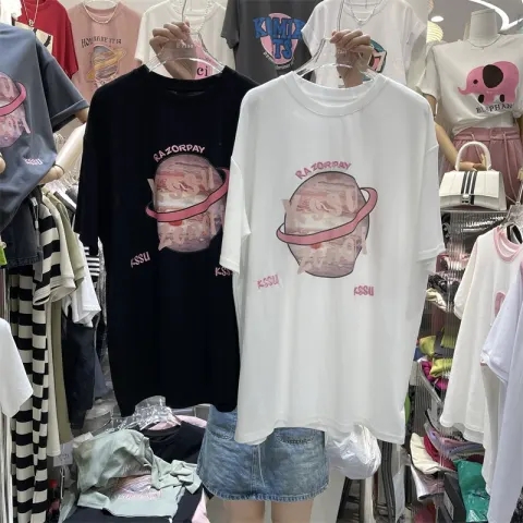 精梳純棉短袖t恤女2024新款夏季歐貨大版洋氣小眾獨特正肩上衣ins