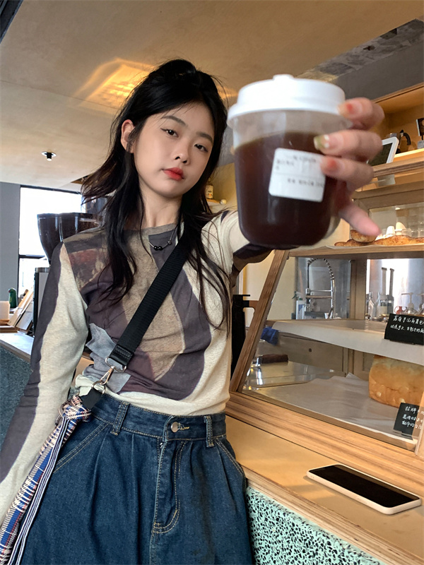 實拍   復古撞色低飽和設計感小眾長袖辣妹顯瘦上衣女