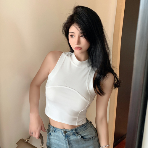 Real shot of hot girl design niche sleeveless racer vest for women summer short slim fit small stand-up collar outer wear slimming top