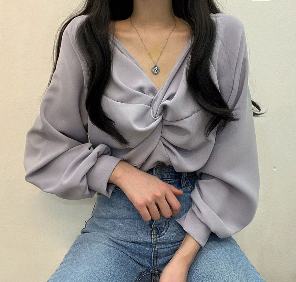 Korean chic autumn V-neck twist design versatile top