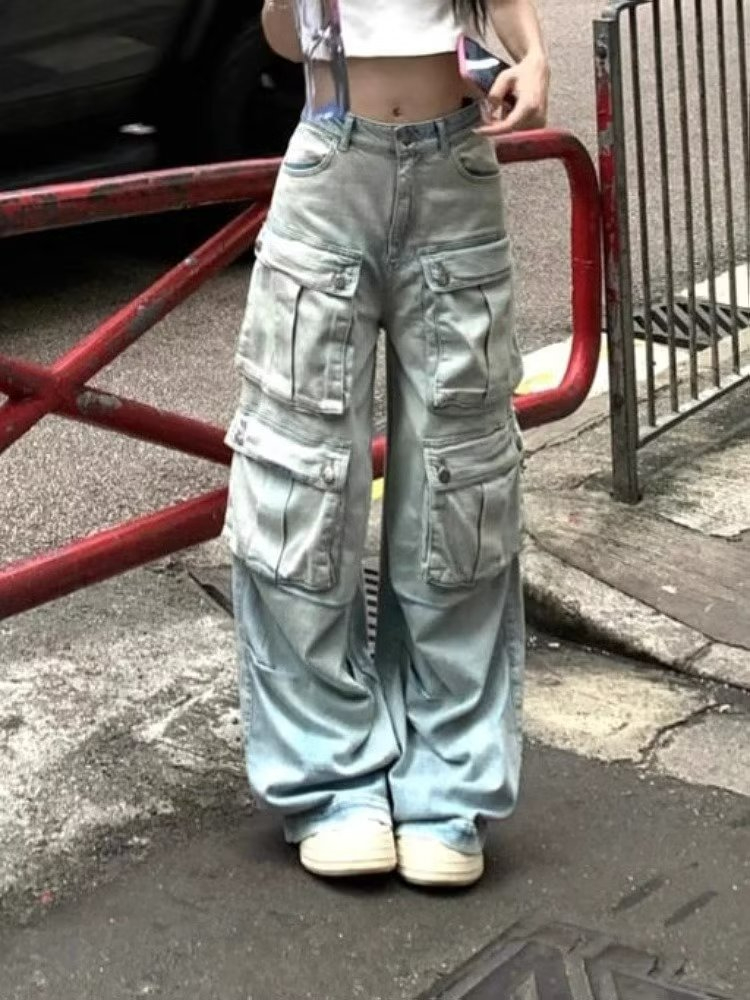 2024春夏式復古口袋工裝牛仔褲女設計感直筒寬鬆闊腿拖地褲子潮