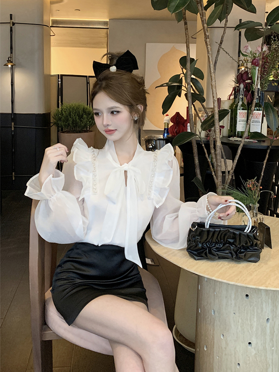 實拍 氣質甜美蝴蝶結雪紡衫女春季2024新款荷葉邊洋氣設計感