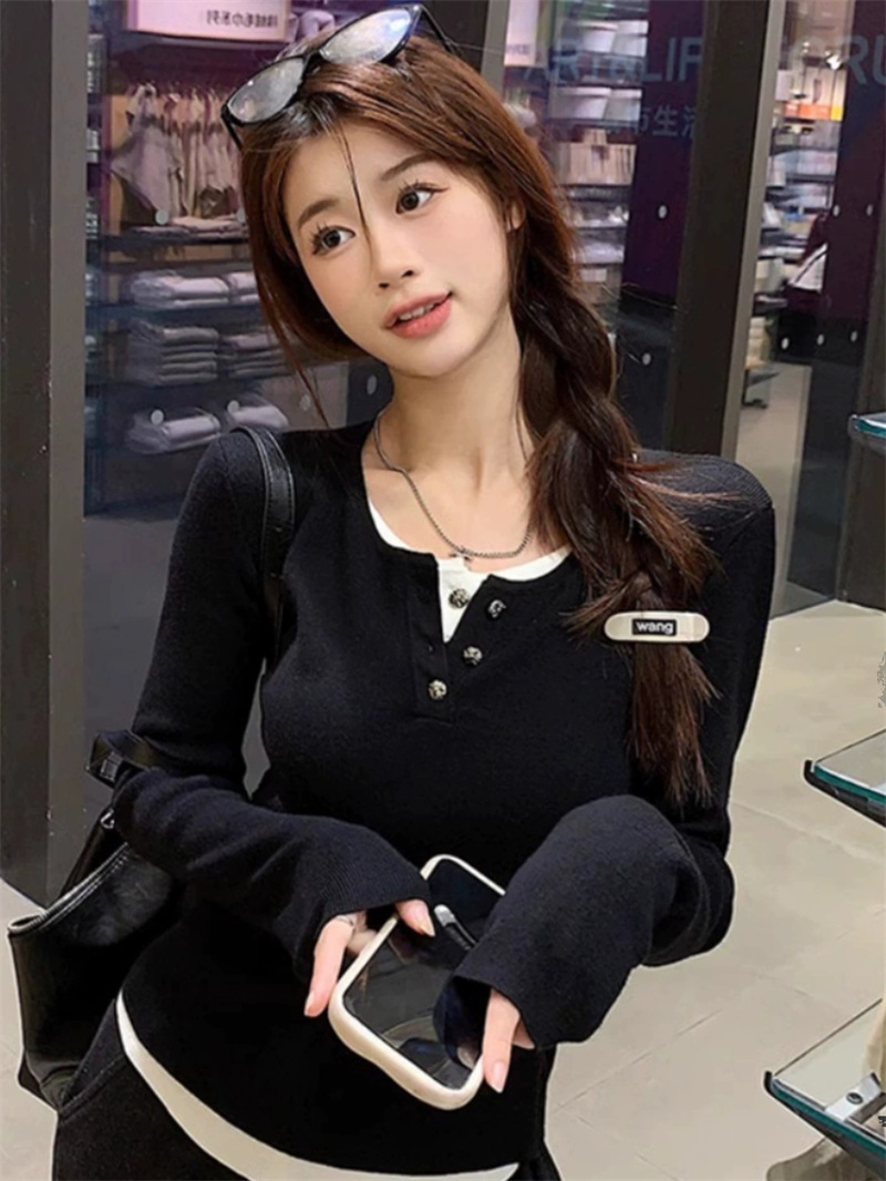 假兩件正肩修身設計感打底衫女秋冬減齡長袖t恤收腰內搭上衣