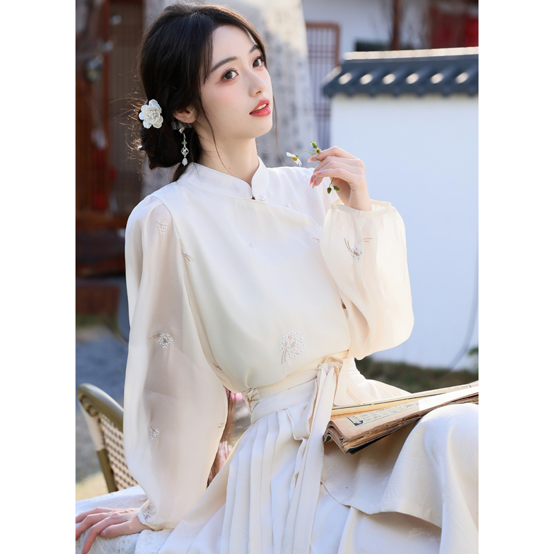 No less than 89 real shot 2024 new Chinese style white stand collar shirt with horse skirt shirt