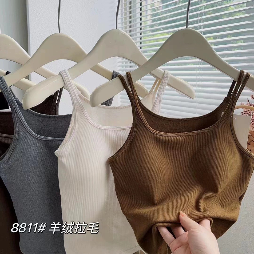 惠芝欣8811秋冬季羊絨拉毛帶胸墊保暖背心彈力顯瘦內搭外穿吊帶女