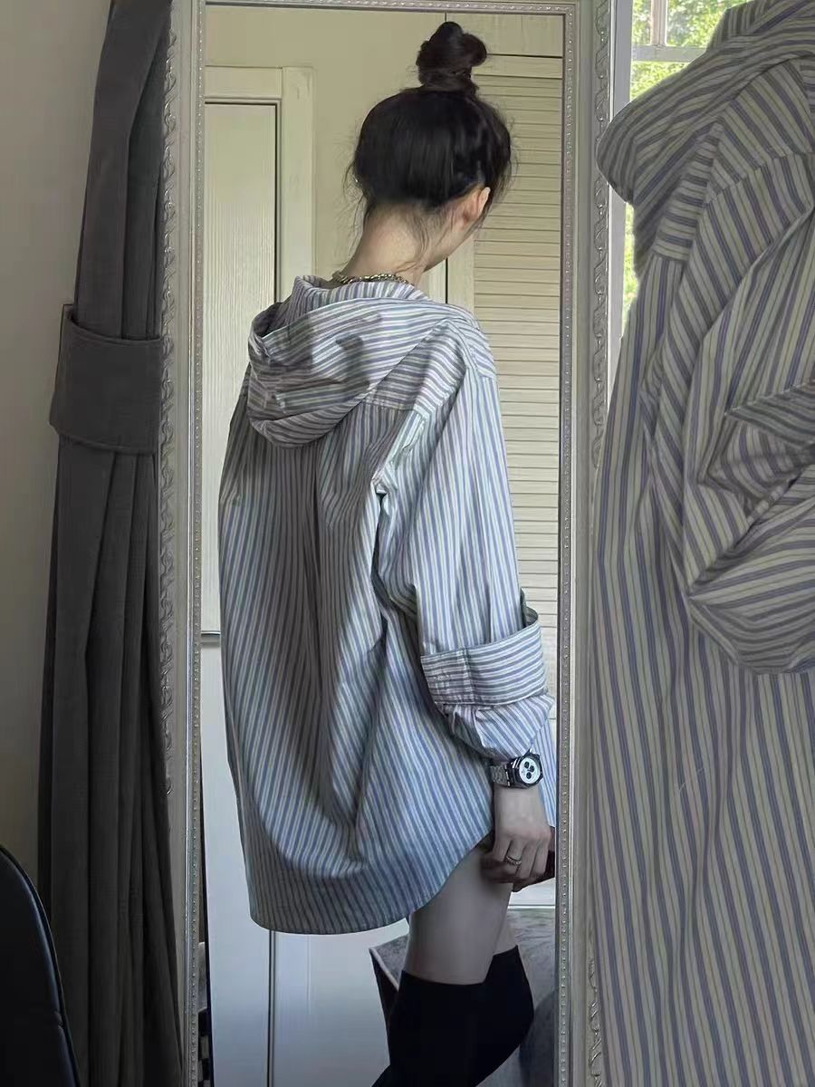 JYCCCCCC 小眾設計感寬鬆oversize連帽中長款條紋襯衫百搭防曬衣