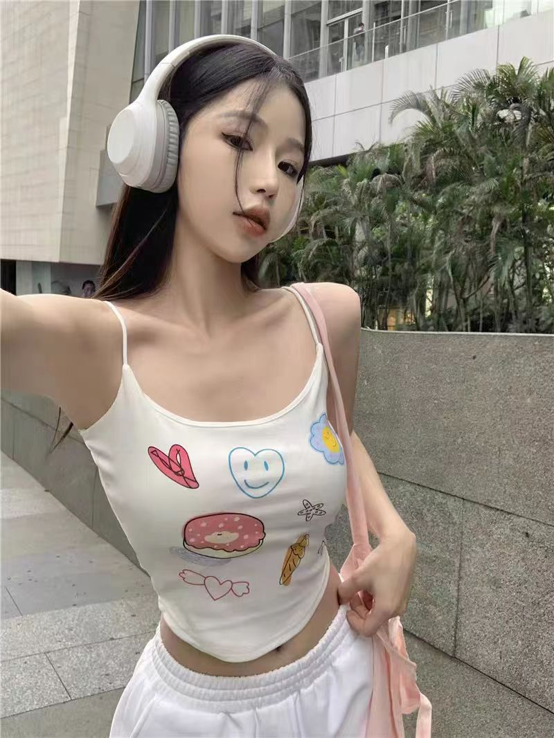 設計感小眾夏季新款T恤女純欲風印花帶胸墊吊帶背心短款辣妹上衣