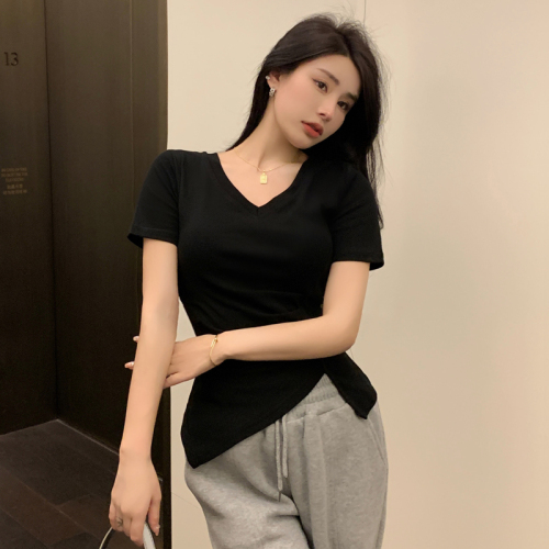 Actual shot of 2024 new summer style simple and versatile V-neck waist slit design pure cotton short-sleeved T-shirt careful machine tops for women