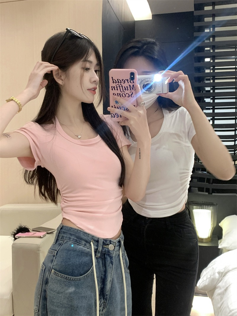 辣妹系帶掛脖短袖正肩女T恤夏季設計感不規則短款上衣ins潮