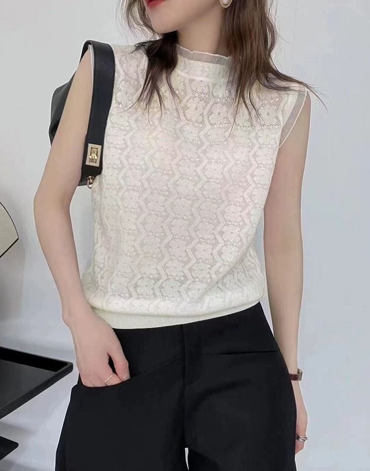 2024新款木耳邊內搭蕾絲背心女無袖上衣鏤空薄款針織打底衫百搭女