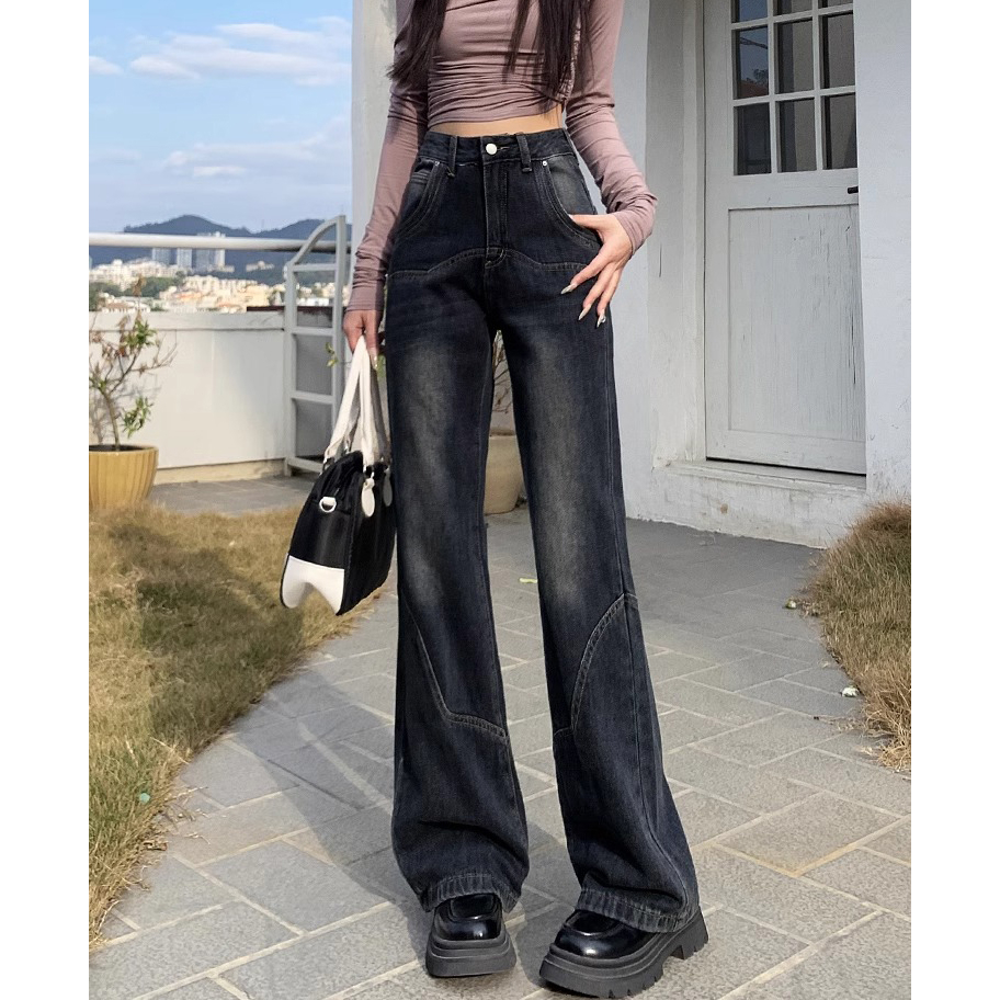 復古水泥灰高腰闊腿牛仔褲女春季新款寬鬆不貼腿顯瘦百搭直筒褲子
