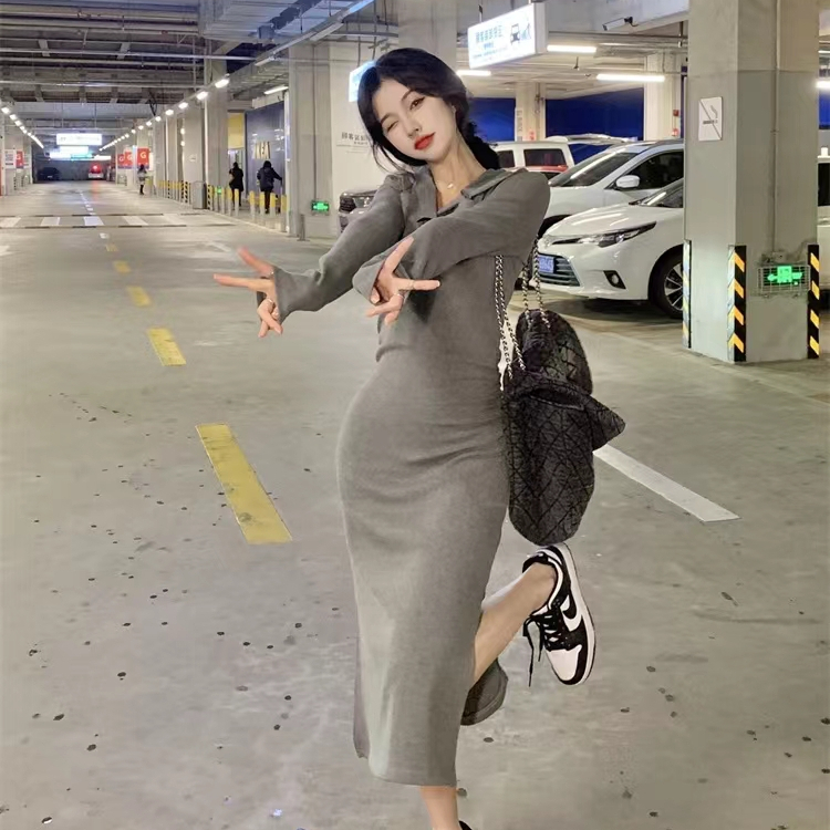 純欲風性感辣妹連衣裙女秋冬修身顯瘦長袖連帽開叉v領包臀長裙女