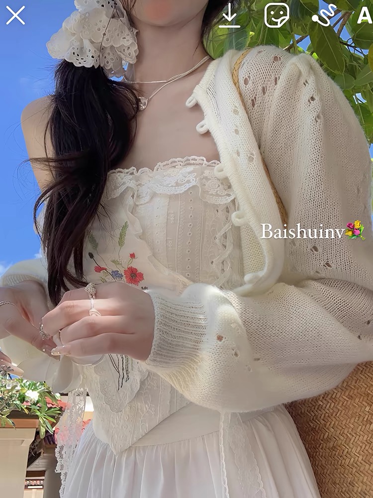 白水女洛麗塔~鏤空開衫毛衣2024新款設計感長袖圓領短款上衣