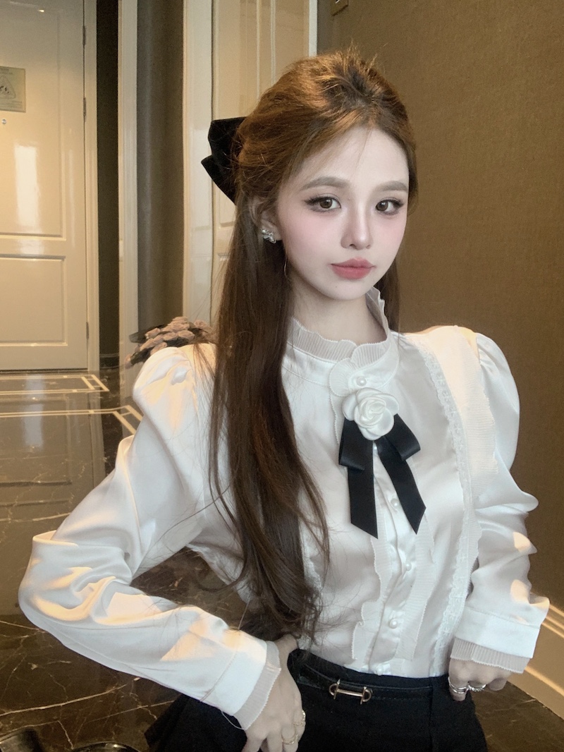 實拍 法式宮廷風立領襯衫女甜美寬鬆長袖襯衣設計感別致白色上衣