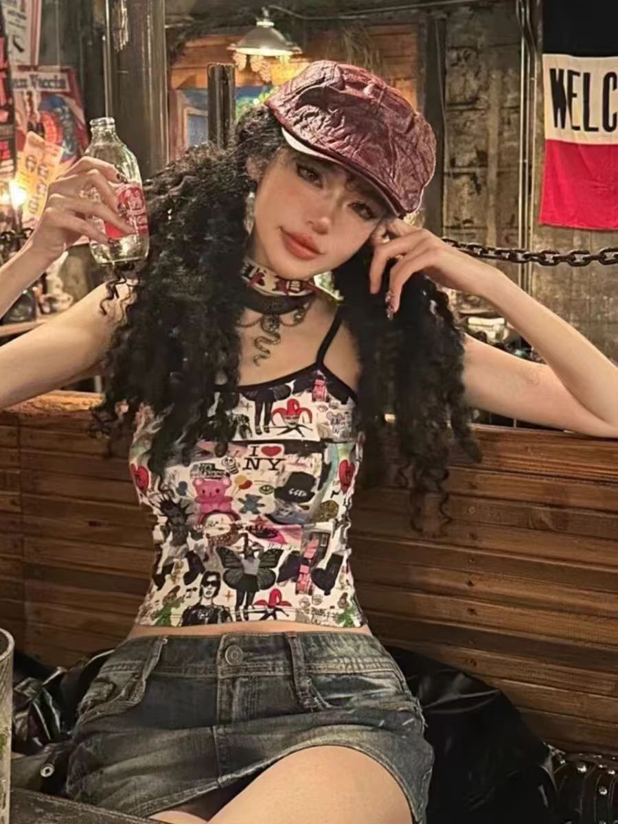 設計感小眾夏季新款T恤女美式街頭甜酷辣妹小眾印花小吊帶背心潮