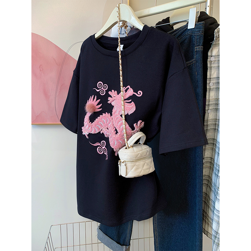 黑色短袖t恤女2024新款春夏龍年刺繡設計感小眾圓領純棉寬鬆上衣